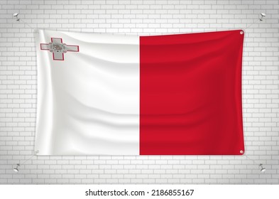 Bandera de Malta colgada en la pared de ladrillos. Dibujo 3D. Bandera pegada a la pared. Dibujar cuidadosamente en grupos en capas separadas para facilitar la edición.