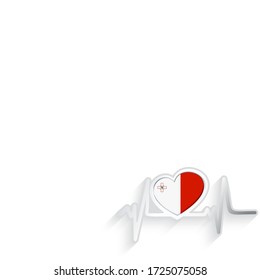 Malta flag heart shaped and heartbeat line isolated on white. Palestine Patriotic Background. Vector illustration.