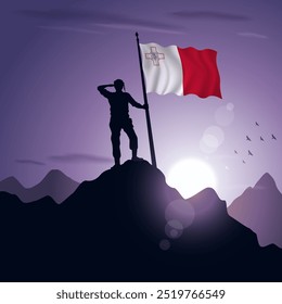 Bandera de Malta izada en la cima de una montaña con una puesta de sol púrpura al fondo, Ilustración vectorial