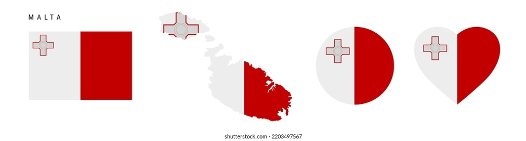 Malta flag icon set. Maltese pennant in official colors and proportions. Rectangular, map-shaped, circle and heart-shaped. Flat vector illustration isolated on white.