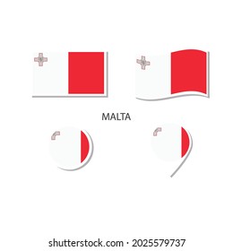 Conjunto de iconos de la bandera de Malta, iconos planos rectangulares, forma circular, marcador con banderas.