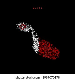 Mapa de la bandera de Malta, patrón de partículas caóticas en los colores de la bandera maltesa. Ilustración vectorial aislada en el fondo negro.