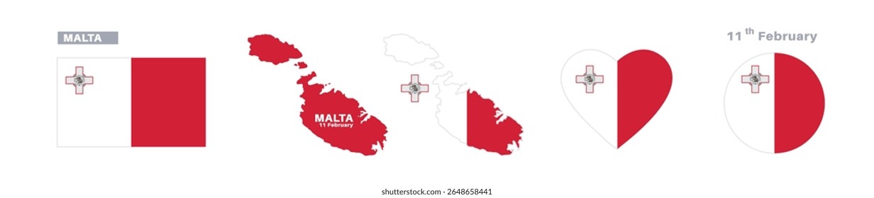 malta flag and map set. malta flag in official colors and proportions. independence day 11 february , map, circle and heart shaped malta