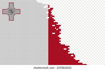 Malta flag on broken brick wall. Empty flag field of another country. Country comparison. Easy editing and vector in groups.