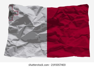 Malta-Flagge auf zerkleinertem Papier, Vektorgrafik, Kopienraum, Country-Logo-Konzept, Malta-Flagge mit zerknittertem Texturpapier, Idee für den grafischen Recycling, einfache Vektorgrafik, flaches Design