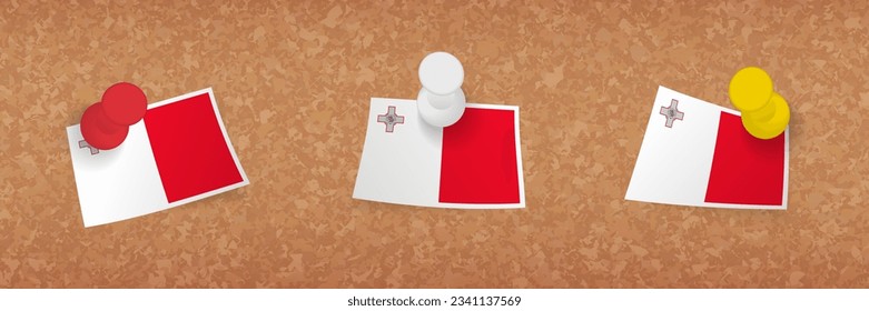 Malta flag pinned in cork board, three versions of Malta flag. Vector pushpins and flag set.