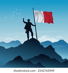 Bandera de Malta levantada en una cima montañosa con el cielo despejado en el fondo, Ilustración vectorial