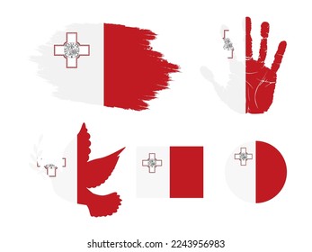 Malta flag set, flag of Malta collection. Flag in grunge, Dove, Handprint, square and round shape. vector illustration