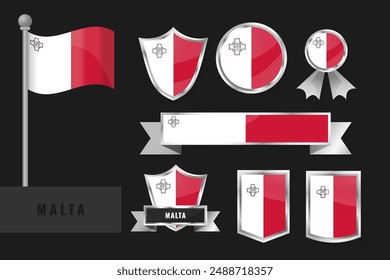 Bandera de Malta puesta. Colección de los emblemas nacionales de Malta. Diseño plano de banderas colección