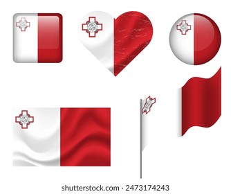 Malta flag set of icons. Vector flag of Malta, symbol. Set of Maltese flags button, waved, heart.