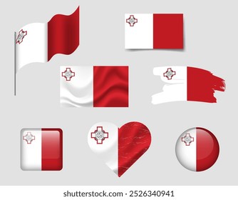 Conjunto de iconos de la bandera de Malta. Bandera de Vector de Malta, símbolo. Conjunto de banderas maltesas Botón, pincel, ondulado, corazón.