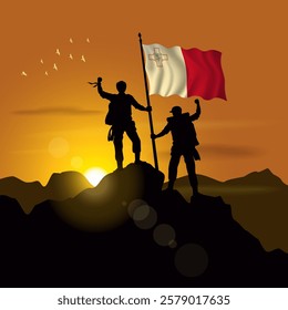 Malta flag, silhouette of two climbers holding flags at sunset