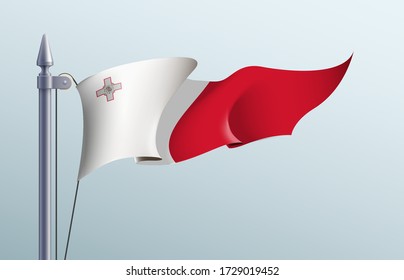 Símbolo del estado de la bandera de Malta aislado en una bandera nacional de fondo. Tarjeta de saludo Día Nacional de la Independencia de la República de Malta. Cartel de ilustración con bandera de estado realista.