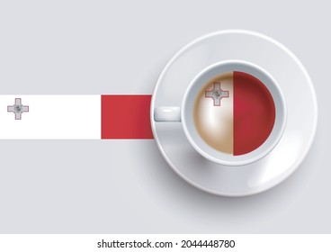 Malta flag with a tasty coffee cup on top view and a gradient background. Hot beverage with Malta flag, vector illustration. 
