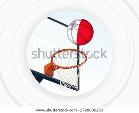 Malta Flag Themed Basketball in Motion, Scoring Moment in Basketball Game. International Basketball Theme on Abstract Background.