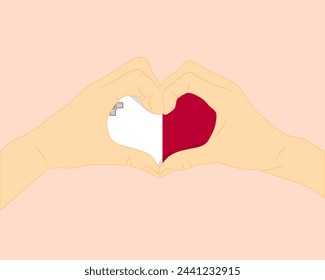 Malta flag with two hands heart shape, express love or affection concept, support or donate to Malta, hand heart love sign, vector design, patriotism and nationalism idea