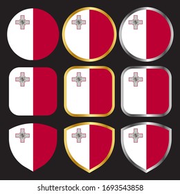 malta flag vector icon set with gold and silver border