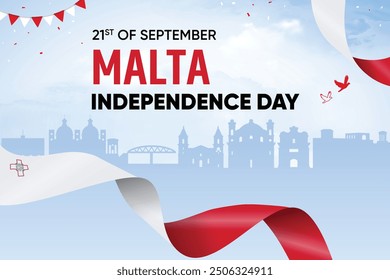 Malta Flag Waving On Skyline Background. Independence Day Concept Design Vector Illustration.