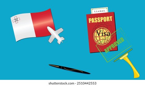 Bandera de Malta con icono de avión blanco. Pasaporte con sello de visa aprobado. Pluma con estilo negro. Cartel de Malta Travel. EPS de Vector editable disponible