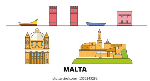 Malta flat landmarks vector illustration. Malta line city with famous travel sights, design skyline. 