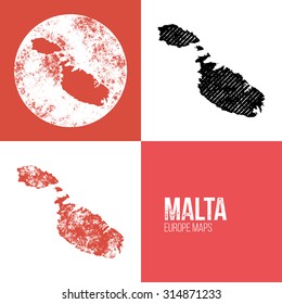 Malta Grunge Retro Map - Three silhouettes Malta maps with different unique letterpress vector textures - Infographic and geography resource