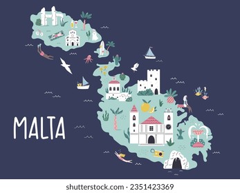 Malta hand drawn illustrated map with attractions, travel destinations. Cartoon illustration for travel poster, postcard, banner