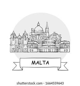 Malta Hand-Drawn Urban Vector Sign. Black Line Art Illustration with Ribbon and Title.