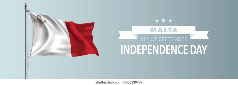 Malta happy independence day greeting card, banner vector illustration. Maltese national holiday 21st of September design element with waving flag on flagpole 