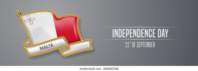 Malta happy independence day greeting card, banner vector illustration. Maltese national holiday 21st of September design element with 3D pin with flag