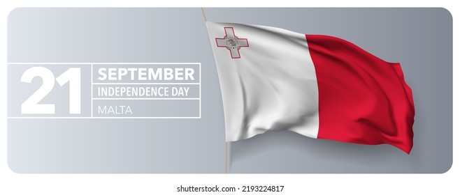 Malta happy independence day greeting card, banner vector illustration. Maltese national holiday 21st of September design element with 3D waving flag on flagpole