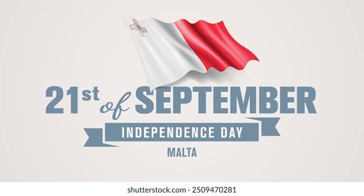 Malta happy independence day greeting card, banner vector illustration. Maltese national holiday 21st of September design element with realistic flag