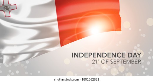 Malta happy independence day vector banner, greeting card. Maltese realistic wavy flag in 21st of September national patriotic holiday horizontal design