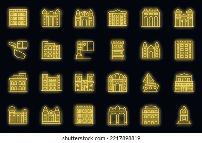 Die maltesischen Symbole setzen einen Umriss. Architekturgebäude. Skyline-Neonfarbe von Landmark auf Schwarz