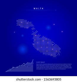 Malta illuminated map with glowing dots. Infographics elements. Dark blue space background. Vector illustration. Growing chart, lorem ipsum text.