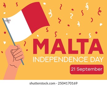 Día de la independencia de Malta, 21 de septiembre, bandera de Malta en mano. Tarjeta de felicitación, cartel, Plantilla de Anuncio	