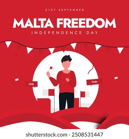 Día de la Independencia de Malta. 21 de septiembre Día de la Independencia de Malta Anuncio de celebración, post con sus banderas, un hombre sosteniendo su bandera. El día recuerda cuando Malta obtuvo la libertad del Reino Unido. 