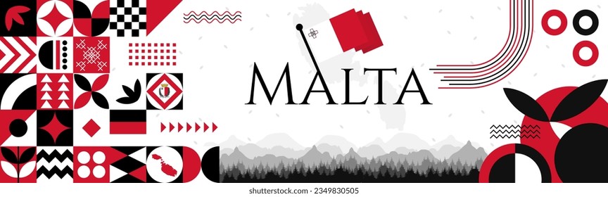 The Malta Independence Day abstract banner design with flag and map. Flag color theme geometric pattern retro modern Illustration design. Red and Black color template.