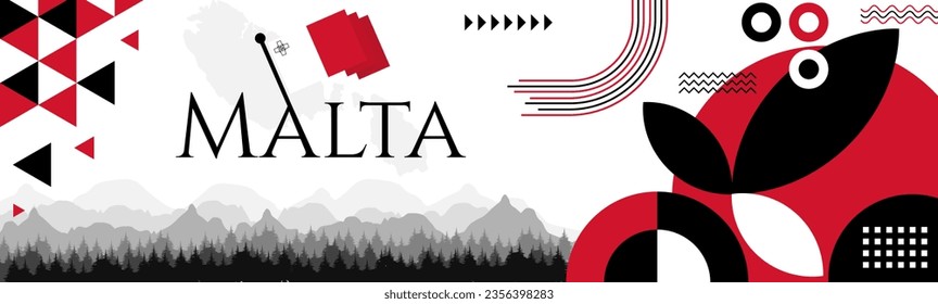 The Malta Independence Day abstract banner design with flag and map. Flag color theme geometric pattern retro modern Illustration design. Red and Black color template.