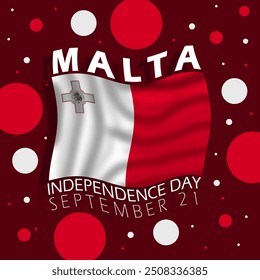 Malta Independence Day event banner. Flying Maltese flag with dots decoration on dark red background to celebrate on September 21st