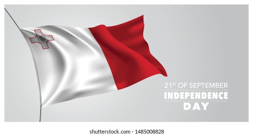 Malta independence day greeting card, banner, horizontal vector illustration. Maltese holiday 21st of September design element with waving flag as a symbol of independence 