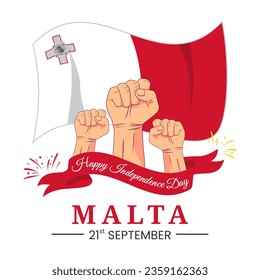 Malta Independence Day for greeting card with clenched fist, and flag ribbon