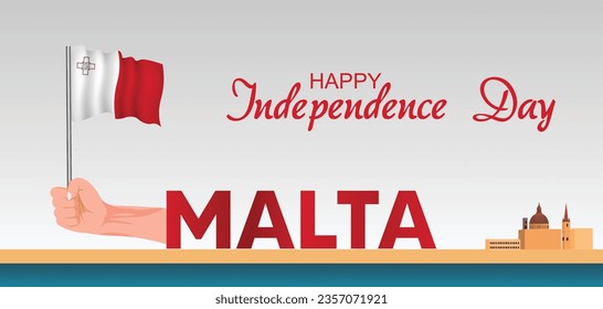 Malta Independence day poster hand holding waving flag with Malta Landmark vector poster 