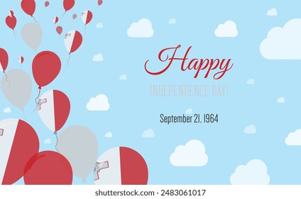 Malta Independence Day Sparkling Patriotic Poster. Row of Balloons in Colors of the Maltese Flag. Greeting Card with National Flags, Blue Skyes and Clouds.