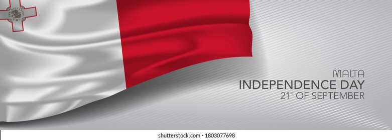 Malta independence day vector banner, greeting card. Maltese wavy flag in 21st of September national patriotic holiday horizontal design