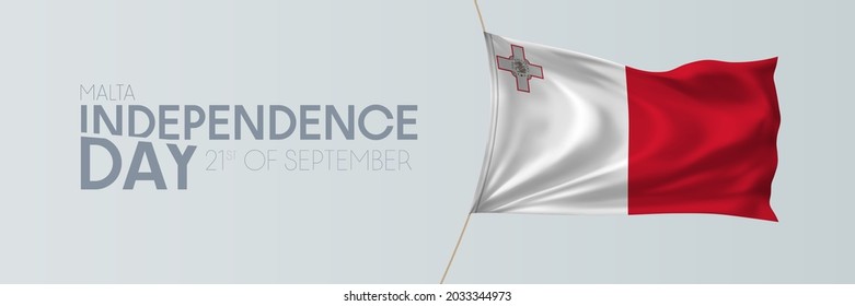 Banner vectorial del día de la independencia de Malta, tarjeta de saludo. Bandera ondulada maltesa el 21 de septiembre Día nacional patriótico diseño horizontal