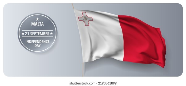 Malta independence day vector banner, greeting card. Maltese wavy flag in 21st of September national patriotic holiday horizontal design