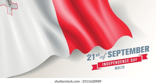 Anuncio de Vector del día de la independencia de Malta, tarjeta de felicitación. Bandera ondulada maltesa en el diseño Horizontal de la fiesta patriótica nacional del 21 de septiembre