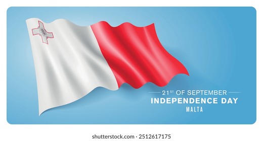 Anuncio de Vector del día de la independencia de Malta, tarjeta de felicitación. Bandera ondulada maltesa en el diseño Horizontal patriótico de la fiesta del 21 de septiembre con la bandera realista