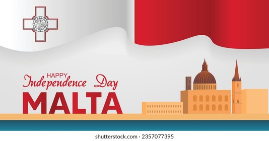 Malta independence day with waving flag on sky cityscape vector poster