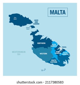 Malta island country political map. Detailed vector illustration with isolated states, regions, islands and cities easy to ungroup. 